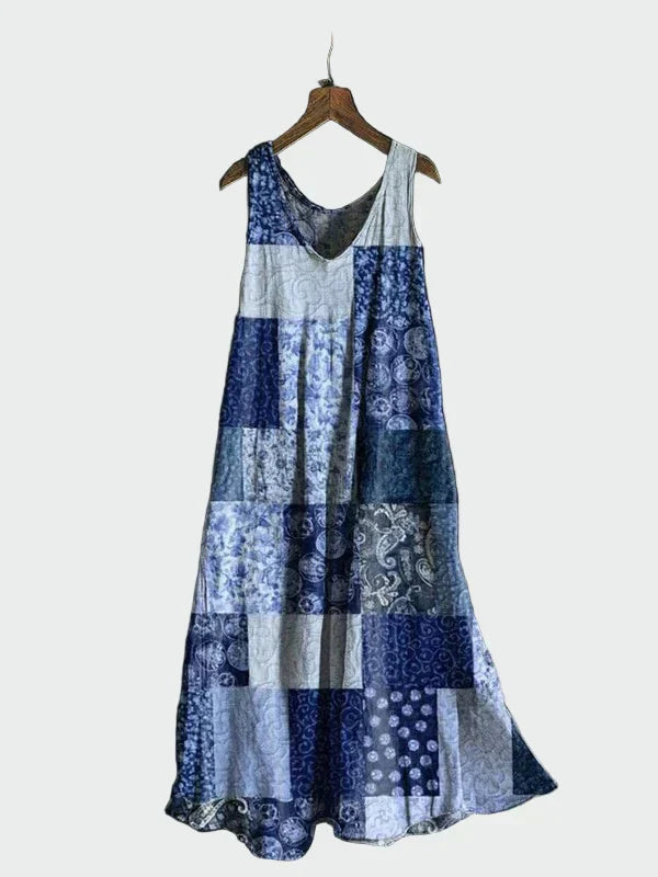 Vestido com Padrão de Patchwork Azul
