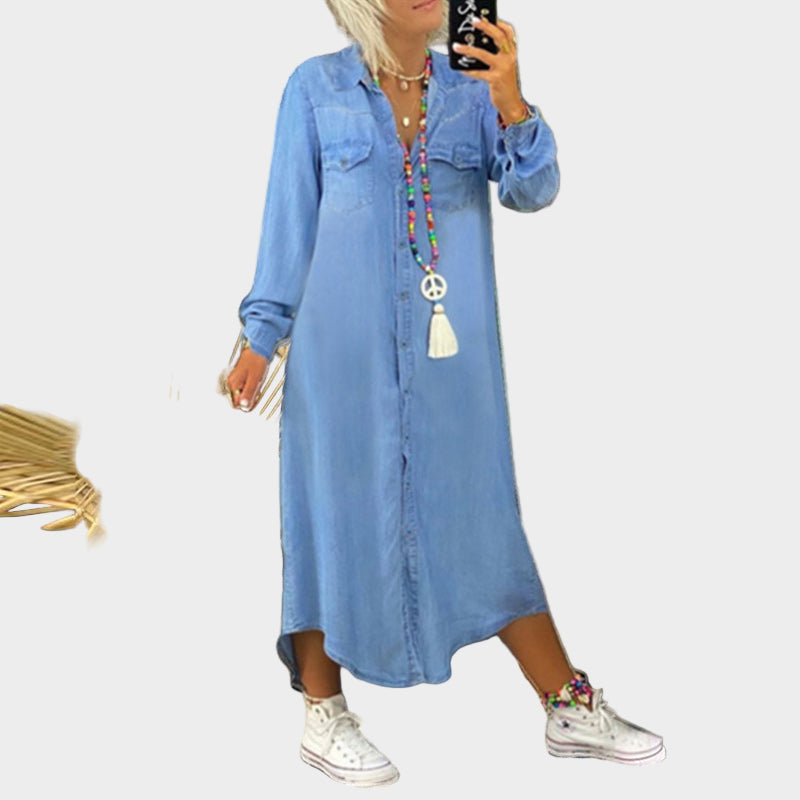 Vestido maxi de ganga de manga longa