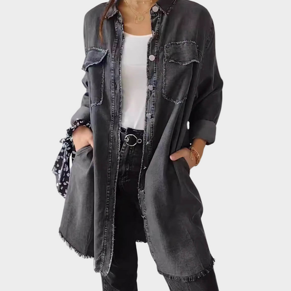 Camisa de ganga com mangas longas e colarinho clássico