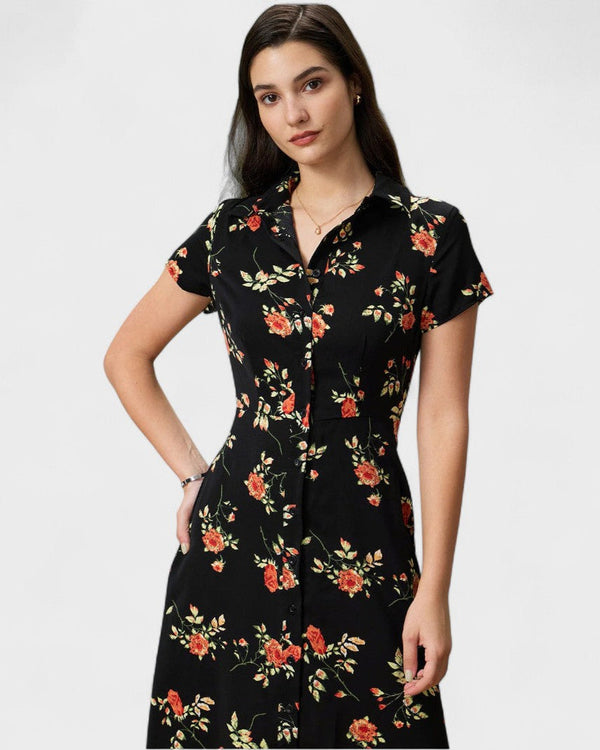 Glória | Vestido Midi Preto Floral