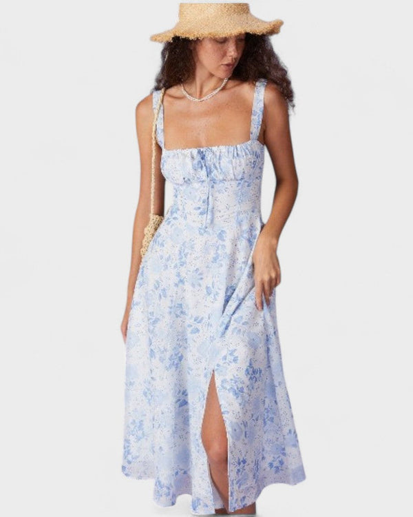 Renata | O Vestido Midi Azul com Estampa Floral, Decote Quadrado e Franzido"