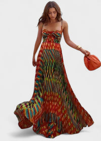 Aria | Vestido Maxi Estampado Abstrato Sem Mangas com Corte A-Line