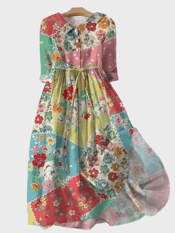 Vestido Floral Colorido em Estilo Patchwork