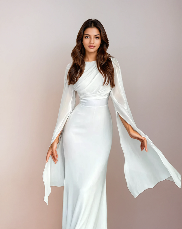 Isabela | Vestido Longo de Cetim Modesto com Mangas Abertas