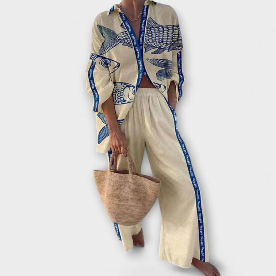 Inês| Conjunto Yazette Com Estampa Azul De Peixe Leve