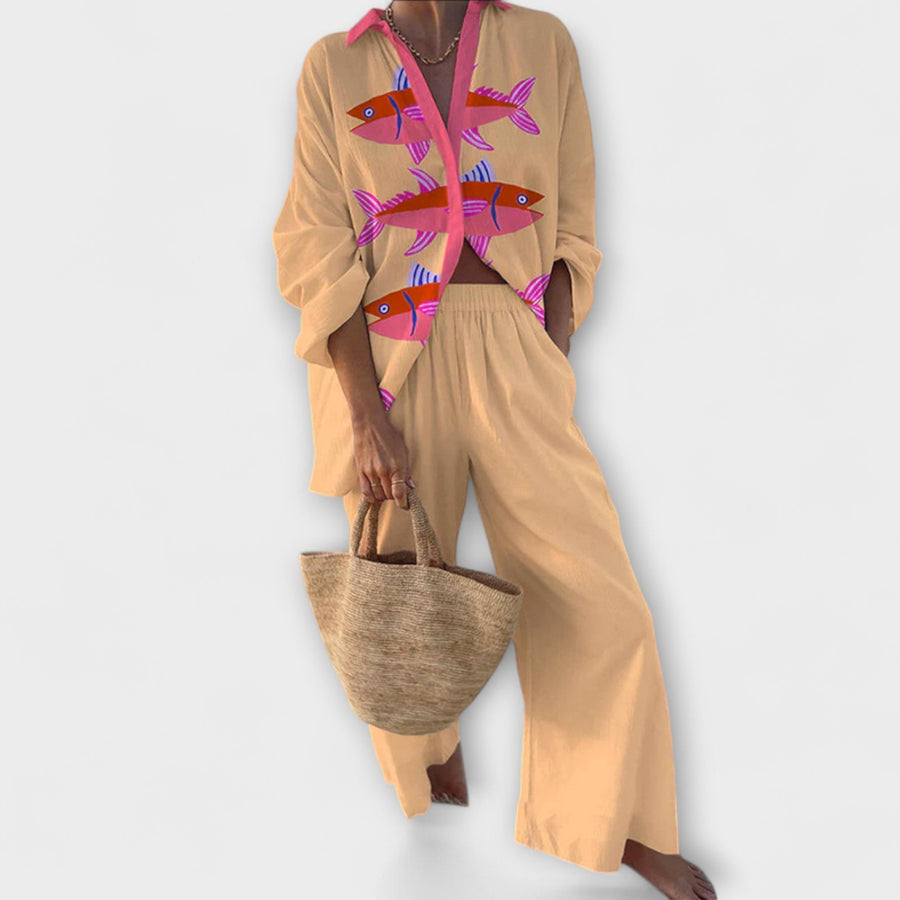 Amélia| Conjunto de Linho com Desenho de Peixe Rosa