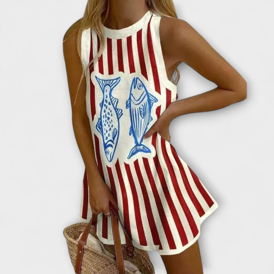 Constança| Mini Vestido Com Estampa De Peixes Leve E Chic