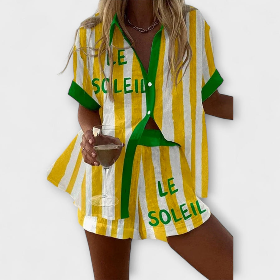 Amália | Conjunto Verão Linho Amarelo Listrado Leve
