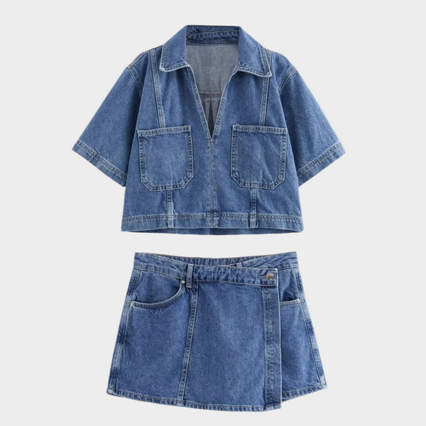 Conjunto de jeans com decote em V