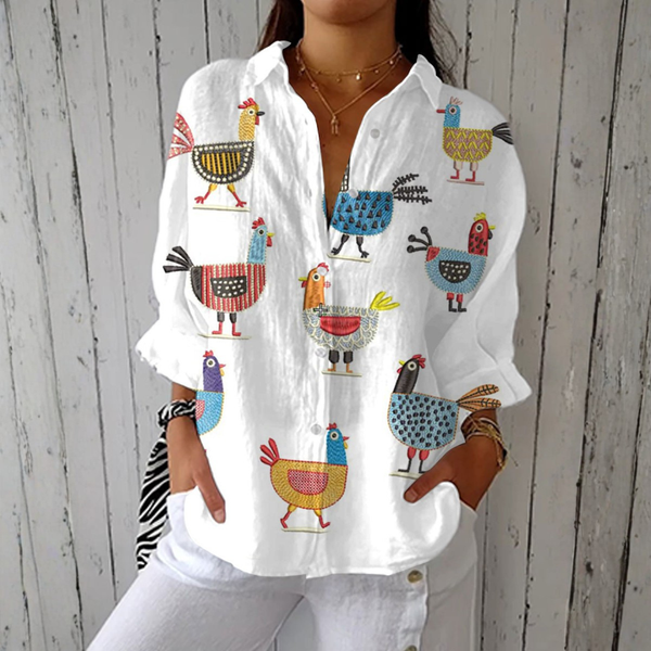 Noëlle | Blusa Leve com Estampa Divertida de Galinhas