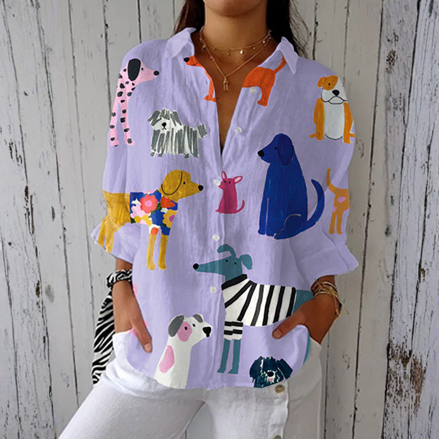 Hélène | Blusa Leveza Estampa de Cães Alegres do Dia Conforto