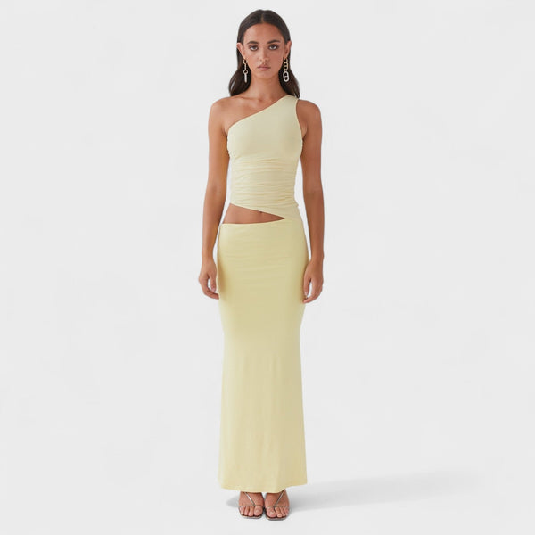 Seranella - Vestido maxi assimétrico com recorte