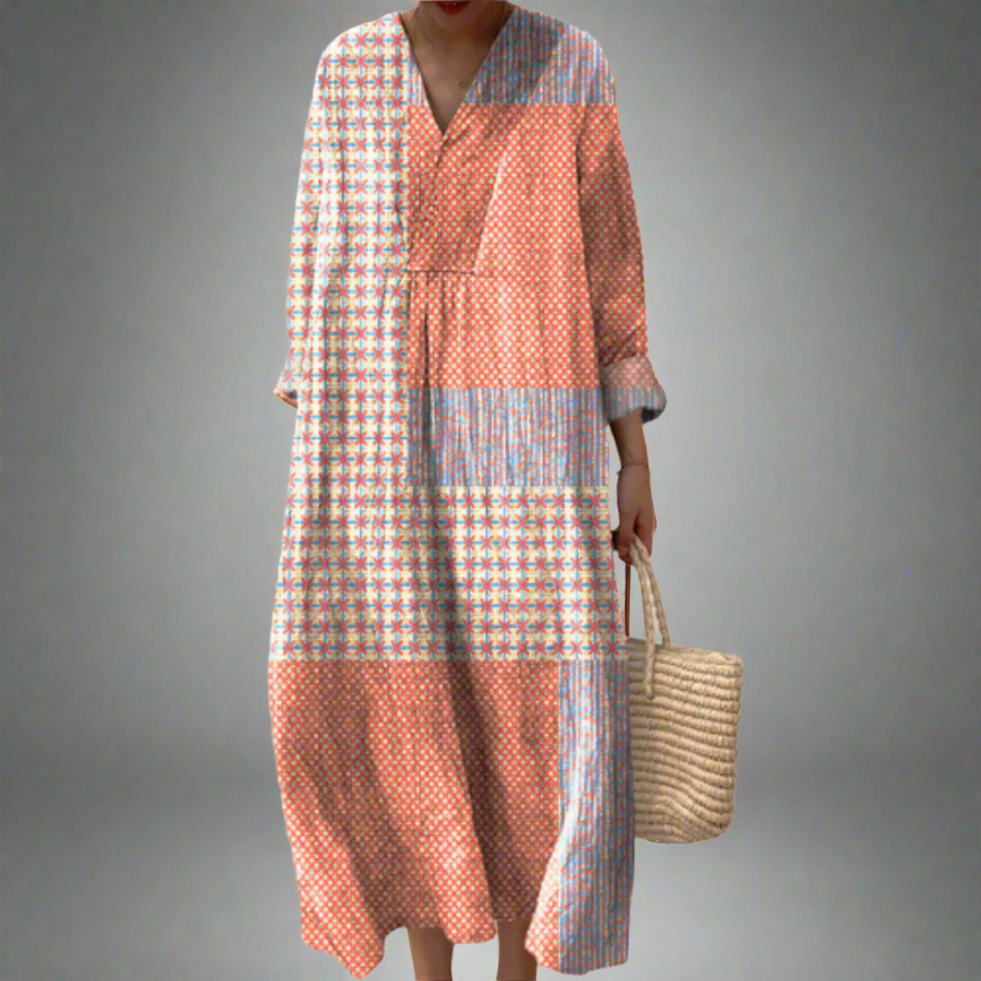 Nora™ | Vestido midi patchwork com padrão de corais e estrelas