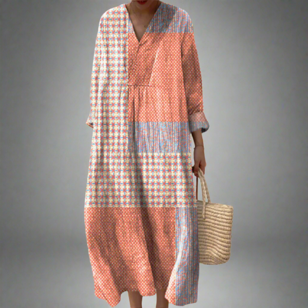 Nora™ | Vestido midi patchwork com padrão de corais e estrelas