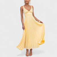 Aby - Vestido maxi amarelo plissado com decote em V