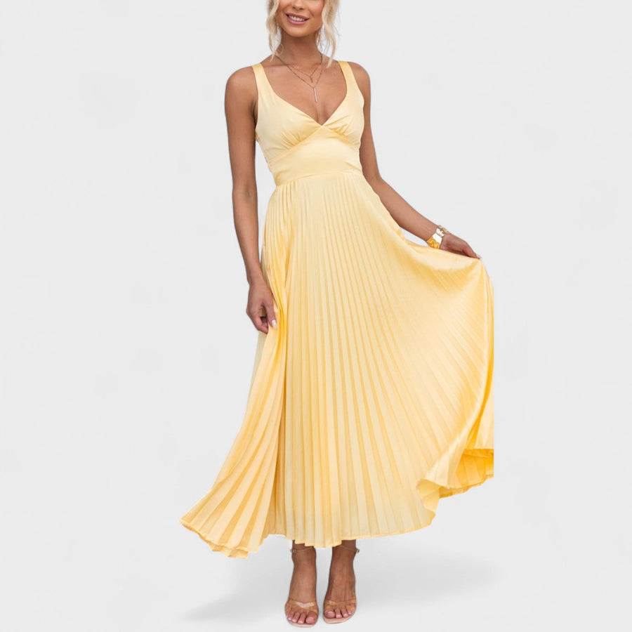 Aby - Vestido maxi amarelo plissado com decote em V