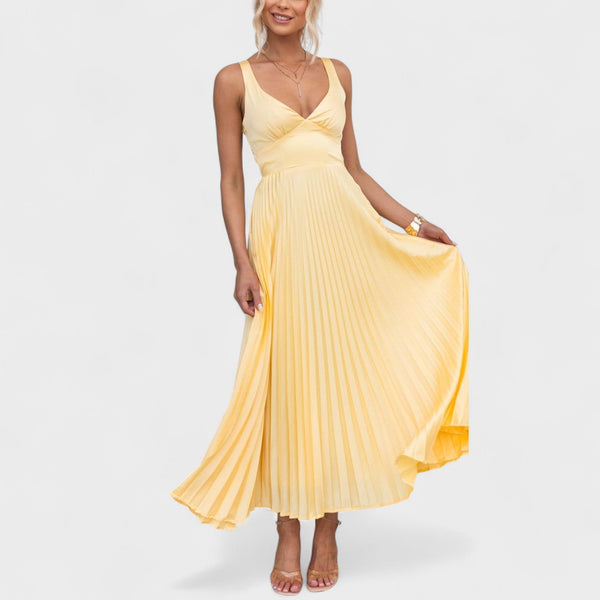 Aby - Vestido maxi amarelo plissado com decote em V