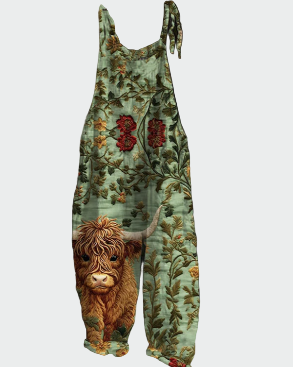 Macacão retrô de manga longa com flores bordadas