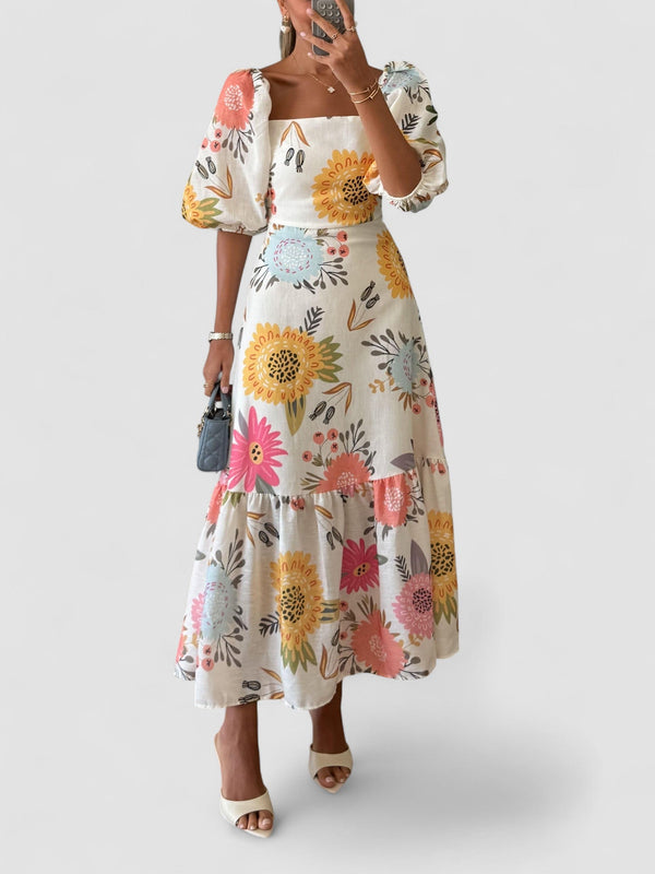 Anny | Vestido midi de gola quadrada com estampado floral e manga folhada