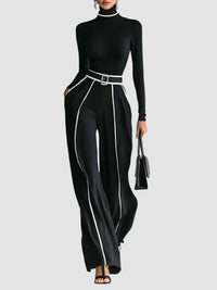 Tammy | Conjunto de top de manga comprida com gola alta e calças de perna larga e cinto