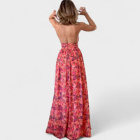 Floraria - Vestido comprido com halteres e costas abertas