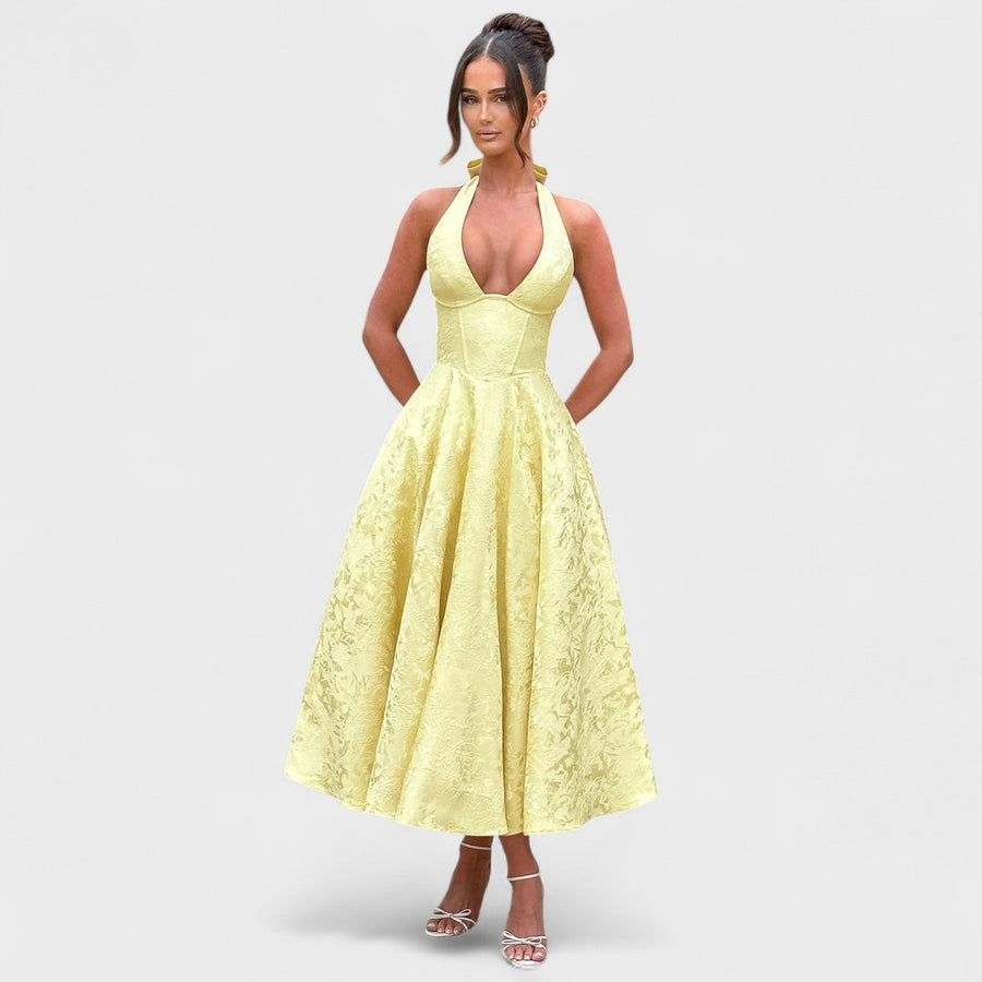 Halina - Vestido midi com espartilho e folhos