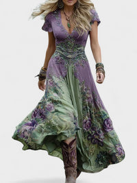 Serena™ | Vestido Maxi Curto Floral Lavanda com Toque Sofisticado