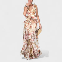 Isabela - Vestido comprido com folhos florais