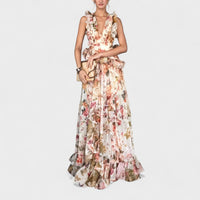 Isabela - Vestido comprido com folhos florais