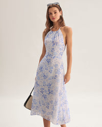 Clarice | Vestido Midi Azul Floral com Decote Halter