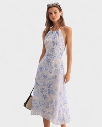 Clarice | Vestido Midi Azul Floral com Decote Halter