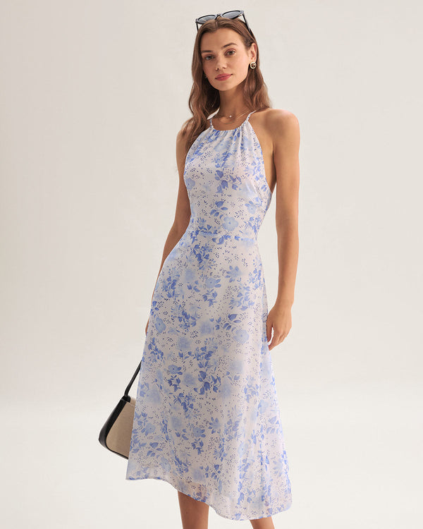 Clarice | Vestido Midi Azul Floral com Decote Halter